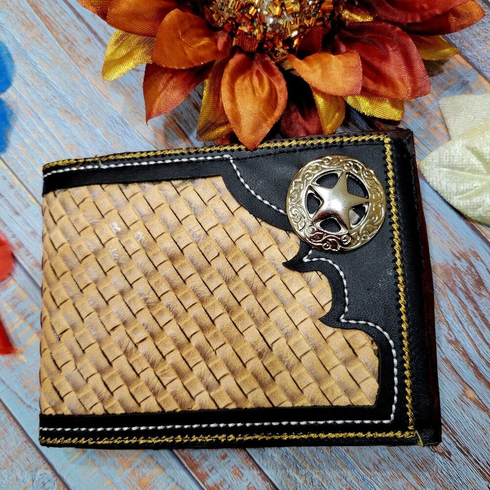 Sheriff Star Wallet Basketweave Pattern Bifold Genuine Leather Cowboy Wallet